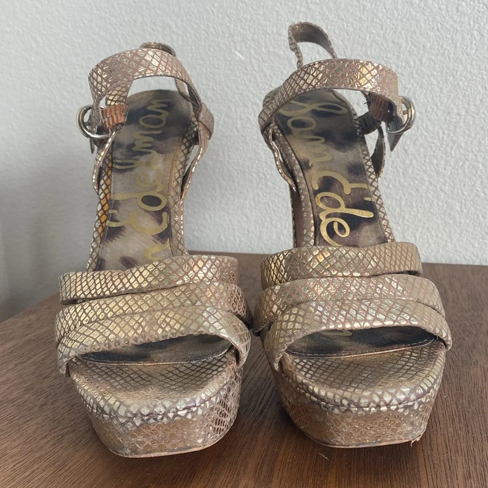 Sam Edelman Taryn Gold Sparkly Strappy Sandal Heels, Women’s 8.5 M, A9960L1900
